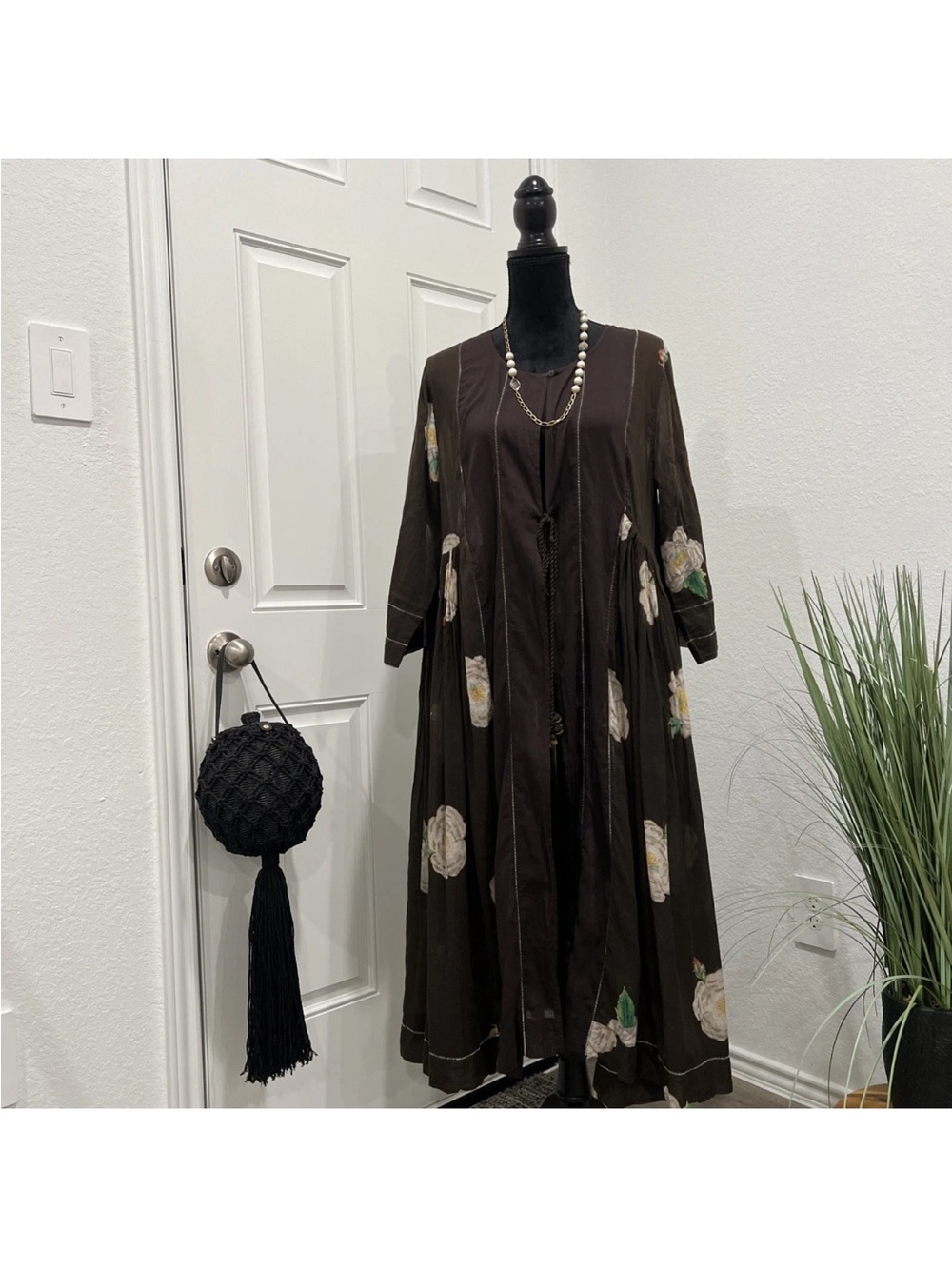 Brown Floral Long Sleeve Maxi Dress with Delicate Embroidery